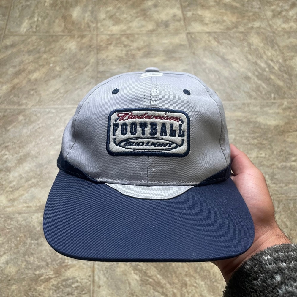 Vintage Budweiser Football Bud Light Hat Grey Navy Strapback Cap Embroidered